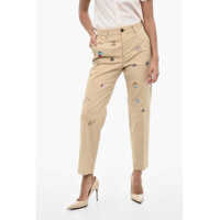 Pantaloni casual Cotton Twill Pants With Rhinestone Logo Femei