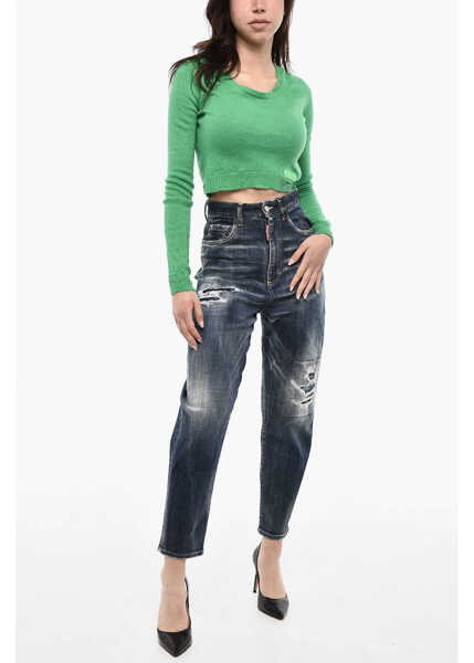 Blugi drepti DSQUARED2 High Waist Distressed Jeans Blue Femei (BM 17993485) 4