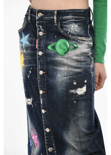 Fuste casual DSQUARED2 Denim Maxi Skirt With Metallic Leather Patches Blue Femei (BM 17993998) 3