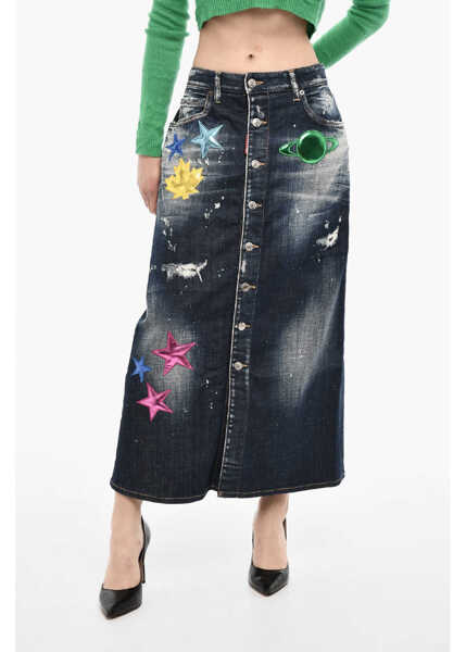 Fuste casual DSQUARED2 Denim Maxi Skirt With Metallic Leather Patches Blue Femei (BM 17993998) 1