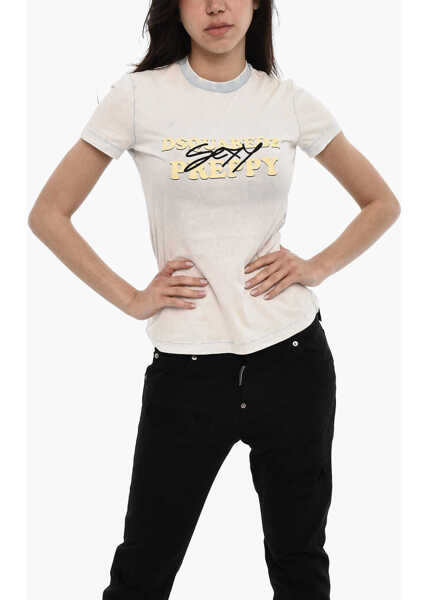 Tricouri DSQUARED2 Printed Preppy T-Shirt Delave Effect White Femei (BM 17994031) 1