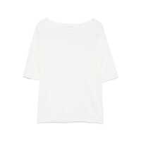 Pulovere Majestic Filatures White Linen Sweater With Crew Neck Short Sleeves Ribbed Trim Femei