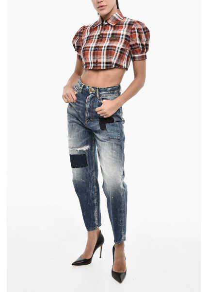 Bluze DSQUARED2 Checked Cropped Blouse With Leather Logo Multicolor Femei (BM 18013573) 4