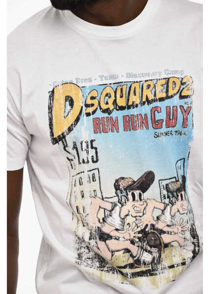 Tricouri DSQUARED2 Cotton Crew-Neck T-Shirt With Frontal Maxi Print White Barbati (BM 18013888) 3