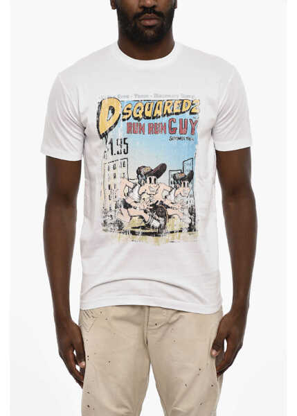 Tricouri DSQUARED2 Cotton Crew-Neck T-Shirt With Frontal Maxi Print White Barbati (BM 18013888) 1