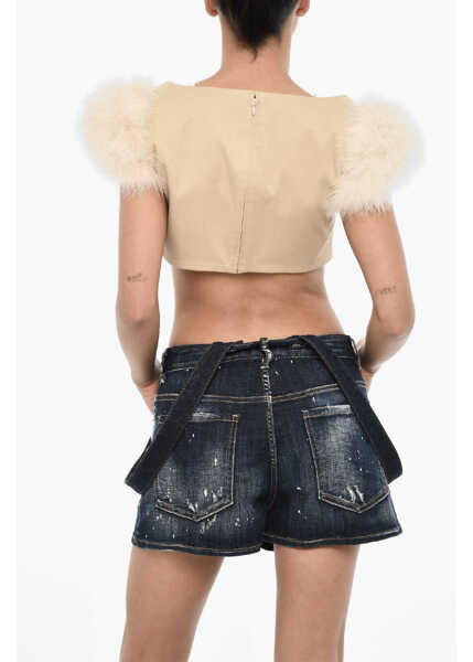 Bluze DSQUARED2 Cotton-Blend Crop Top With Fur Details Beige Femei (BM 18015115) 2