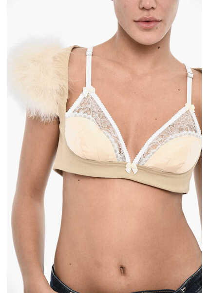Bluze DSQUARED2 Cotton-Blend Crop Top With Fur Details Beige Femei (BM 18015115) 3