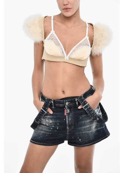 Bluze DSQUARED2 Cotton-Blend Crop Top With Fur Details Beige Femei (BM 18015115) 1