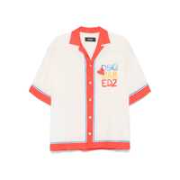 Camasi White Bowling Shirt With Cuban Collar And Printed Logo On The Front In Cotton Man Barbati