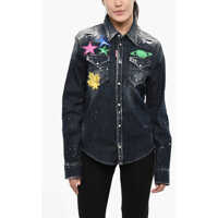 Camasi de blugi Vintage Effect Denim Jacket With Metallic Leather Details Femei