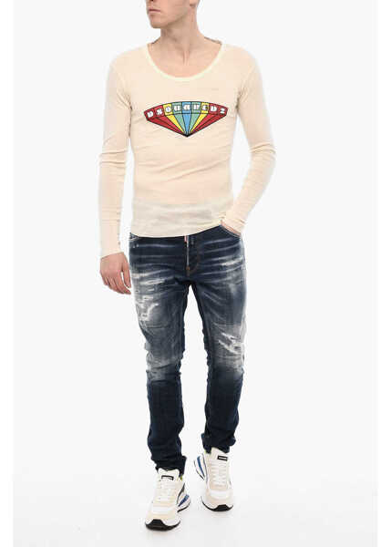 Tricouri DSQUARED2 Slim Fit Crew-Neck T-Shirt With Frontal Print Beige Barbati (BM 18025984) 4
