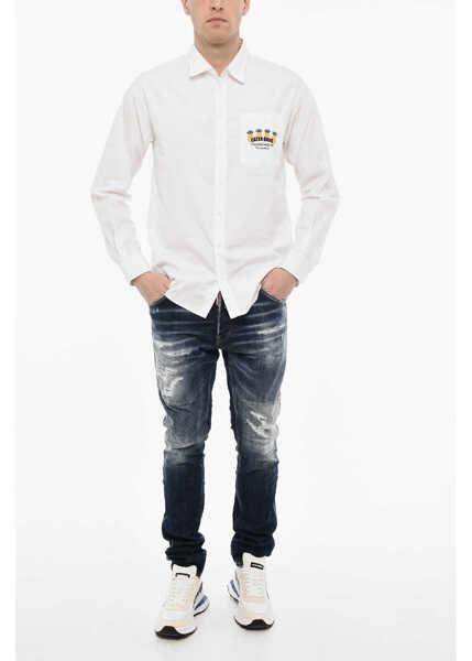 Camasi casual DSQUARED2 Cotton Poplin Shirt With Print Breast Pocket White Barbati (BM 18025987) 4