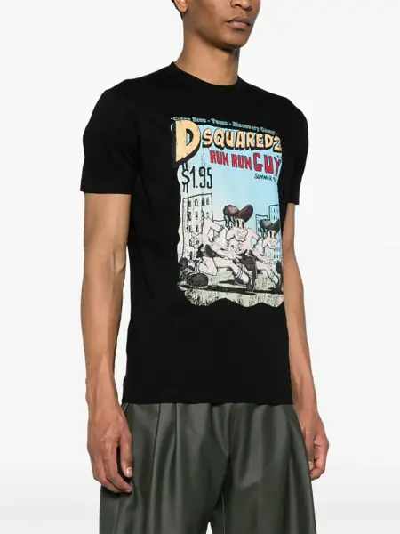 Tricouri DSQUARED2 Cotton Crew-Neck T-Shirt With Frontal Maxi Print Black Barbati (BM 18026032) 3