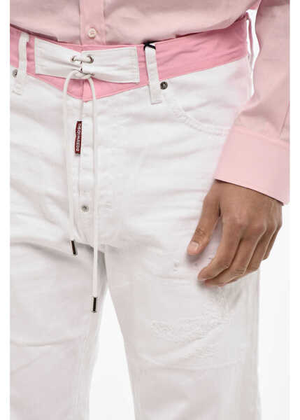 Blugi drepti DSQUARED2 Light Wash Distressed Jeans With Lace White Barbati (BM 18026068) 3