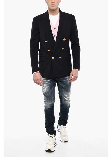 Sacouri DSQUARED2 Flap Pockets Double Breasted Blazer With Golden Effect Butto Blue Barbati (BM 18026626) 4