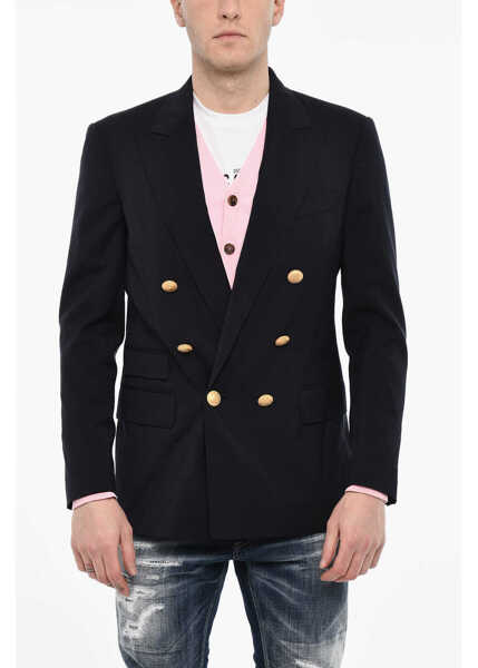 Sacouri DSQUARED2 Flap Pockets Double Breasted Blazer With Golden Effect Butto Blue Barbati (BM 18026626) 1
