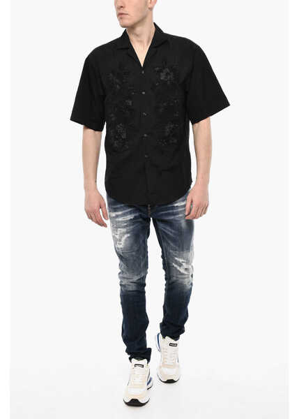 Camasi casual DSQUARED2 Floral-Motif Short Sleeve Shirt With Rhinestone Black Barbati (BM 18034954) 4