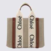Genti de mana Chloé White And Brown Raffia And Leather Woody Tote Bag Femei