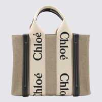 Genti de mana Chloé White And Blue Raffia And Leather Woody Tote Bag Femei