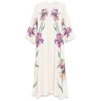 Rochii 'Magnifico' White Crewneck Long Dress With Rear Tie Closure And All-Over Floral Print In Silk Woman Femei