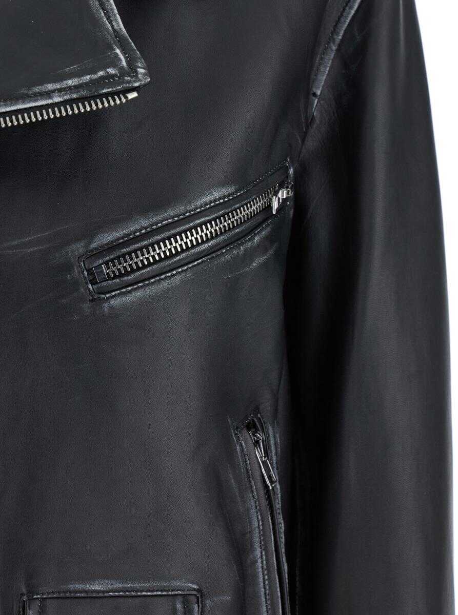 Geci PLAIN Black Jacket With Notched Revers And Zipped Pockets In Leather Woman Black Femei (BM 18065547) 2