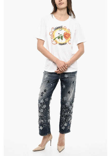 Tricouri DSQUARED2 Printed Cotton Crew-Neck T-Shirt White Femei (BM 18078298) 4