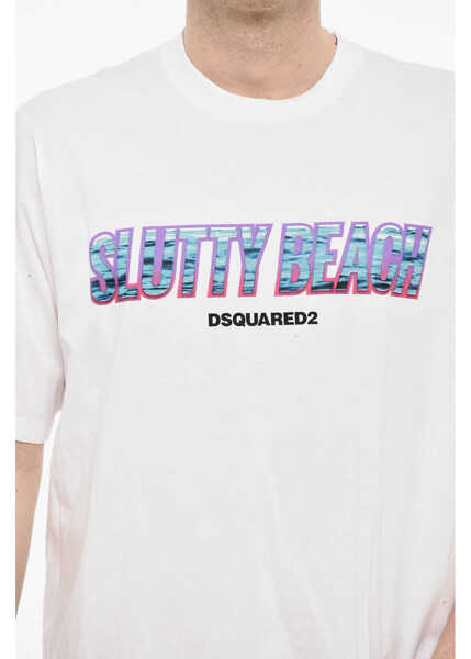 Tricouri DSQUARED2 Cotton Crew-Neck T-Shirt With Frontal Print White Barbati (BM 18078346) 3