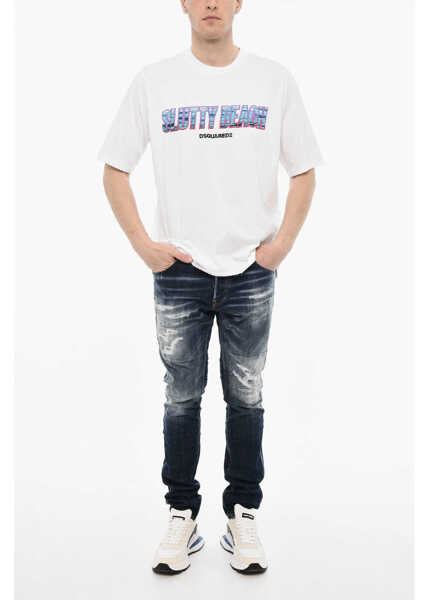 Tricouri DSQUARED2 Cotton Crew-Neck T-Shirt With Frontal Print White Barbati (BM 18078346) 4