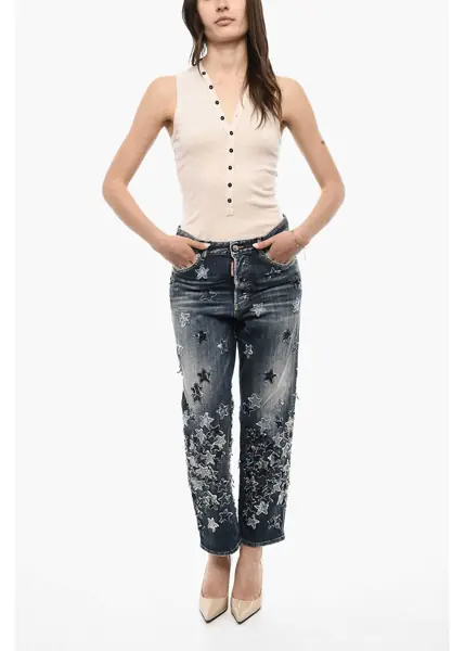 Blugi drepti DSQUARED2 Patchwork Vintage Effect Jeans Blue Femei (BM 18078370) 4