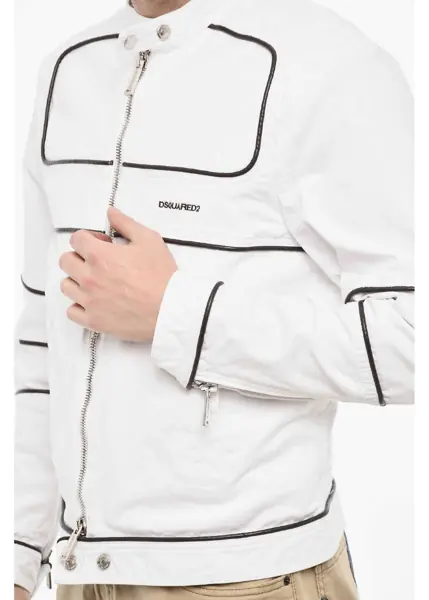 Geci biker DSQUARED2 Cotton Biker Jacket With Vegan Leather Details White Barbati (BM 18079144) 3