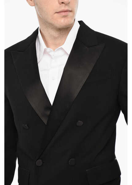 Sacouri DSQUARED2 Wool Blend Double Breasted Blazer With Satin Peak Lapel Black Barbati (BM 18079423) 3