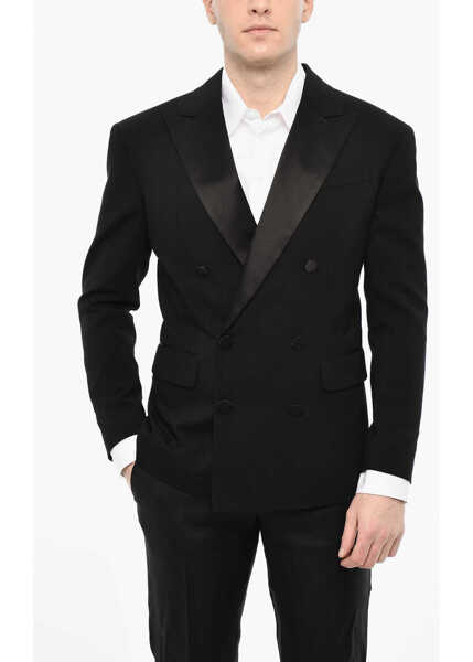 Sacouri DSQUARED2 Wool Blend Double Breasted Blazer With Satin Peak Lapel Black Barbati (BM 18079423) 1