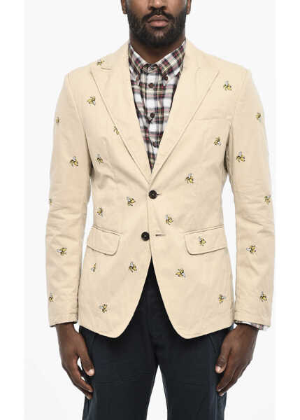 Sacouri elegante DSQUARED2 Embroidered Cotton Twill 2 Buttons With Flap Pockets Beige Barbati (BM 18086551) 1