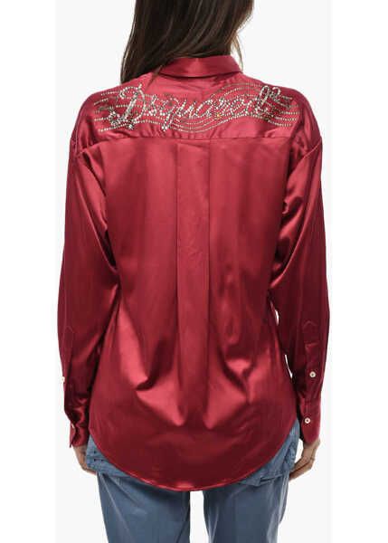Camasi casual DSQUARED2 Satin Long Sleeved Shirt With Rhinestoned Logo Pink Femei (BM 18090571) 2