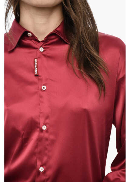 Camasi casual DSQUARED2 Satin Long Sleeved Shirt With Rhinestoned Logo Pink Femei (BM 18090571) 3
