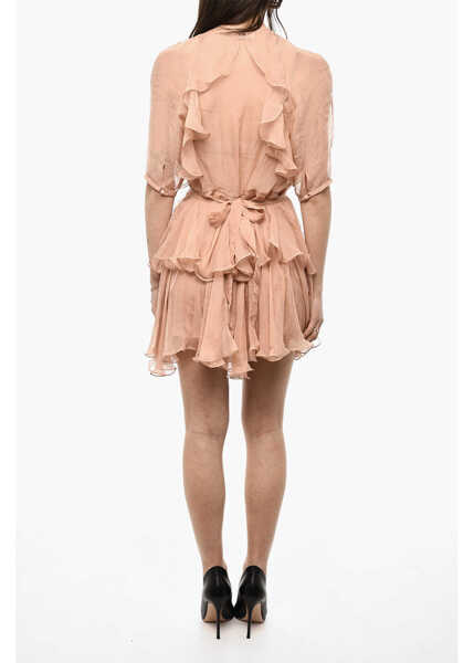 Rochii scurte DSQUARED2 Short Sleeved Silk Dress With Ruffles Pink Femei (BM 18091159) 2