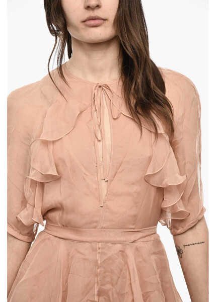 Rochii scurte DSQUARED2 Short Sleeved Silk Dress With Ruffles Pink Femei (BM 18091159) 3