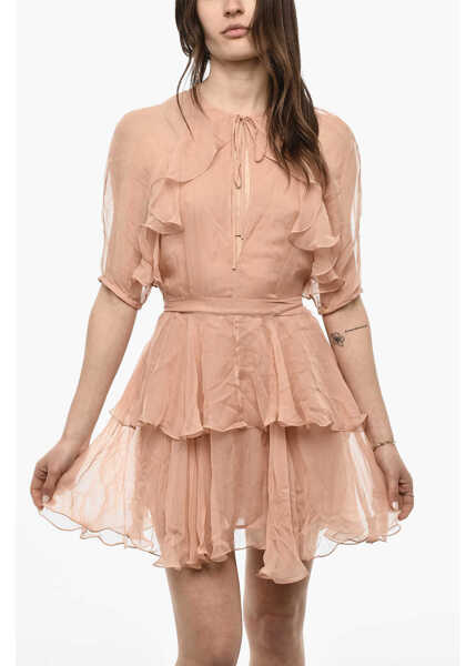 Rochii scurte DSQUARED2 Short Sleeved Silk Dress With Ruffles Pink Femei (BM 18091159) 4