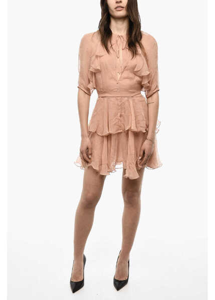 Rochii scurte DSQUARED2 Short Sleeved Silk Dress With Ruffles Pink Femei (BM 18091159) 1