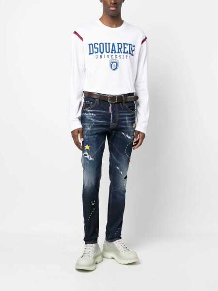 Tricouri DSQUARED2 Long Sleeve Printed Crew Neck T-Shirt White Barbati (BM 18098209) 2