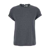Tricouri Grey Crewneck T-Shirt With Monil Detail On The Collar And Rear Cut-Out In Cotton Stretch Woman Femei