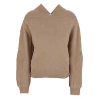 Pulovere Beige Knit Sweater With V Neck On Front And Rear In Cashmere And Wool Woman Femei