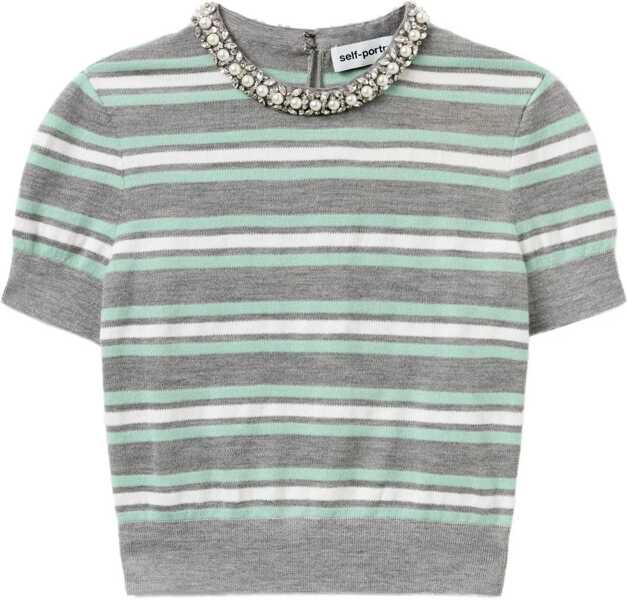 Tricouri Self-Portrait Striped Cropped T-Shirt GREY Femei (BM 18167326) 1