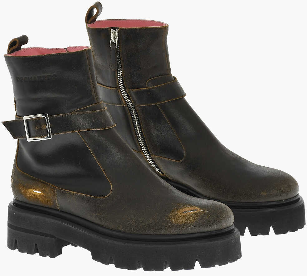 Botine DSQUARED2 Leather Vintage-Effect Lace-Up Boots With Buckle Brown Femei (BM 18171364) 1