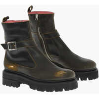 Botine Vintage Effect Leather Combat Boots With Buckle Femei