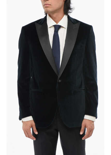 Sacouri CORNELIANI Velvet Single-Breasted Leader Blazer With Satin Peak Lapel Blue Barbati (BM 18190435) 1