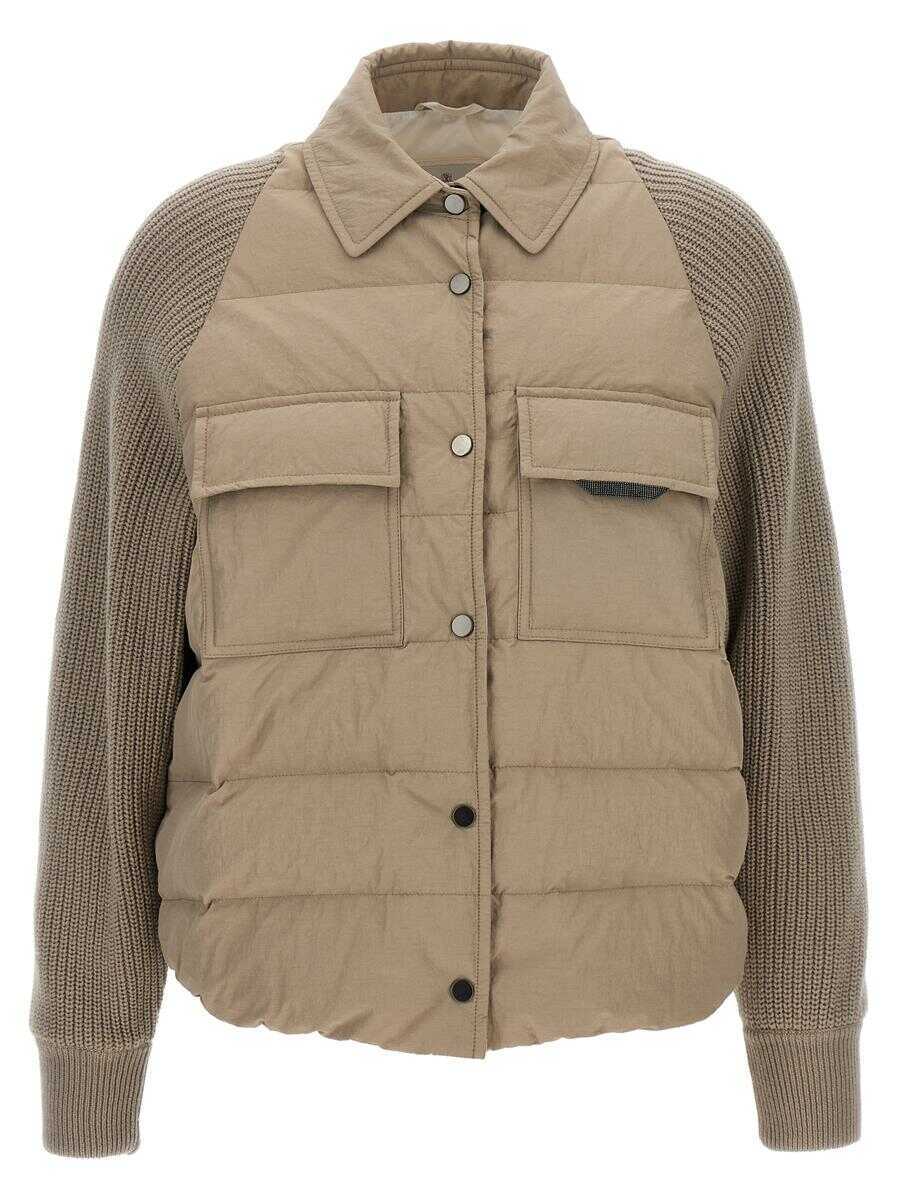 Geci Brunello Cucinelli Brunello Cucinelli Two-Material Shiny Flap Detail Down Jacket Beige Femei (BM 18218244) 1