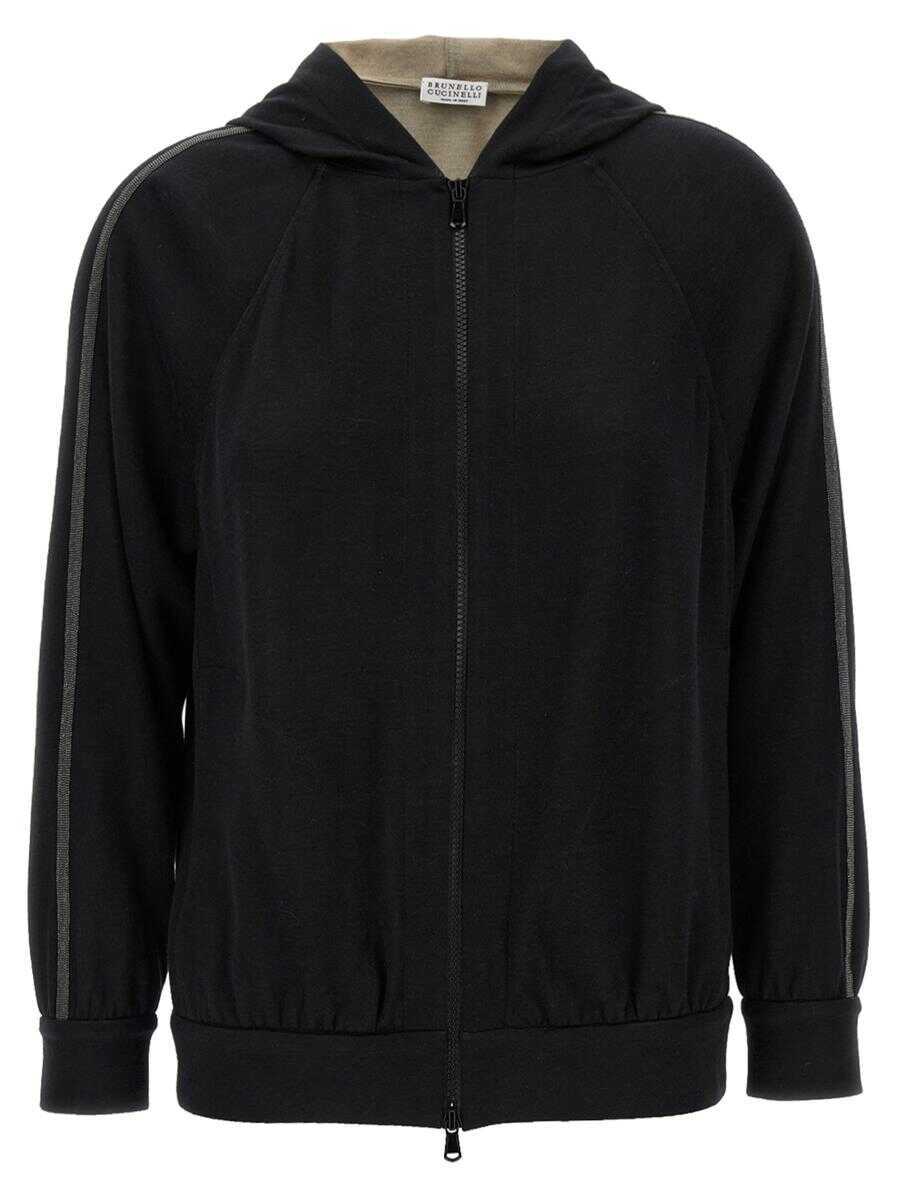Bluze de trening Brunello Cucinelli Brunello Cucinelli Shiny Trims Hoodie Black Femei (BM 18218523) 1