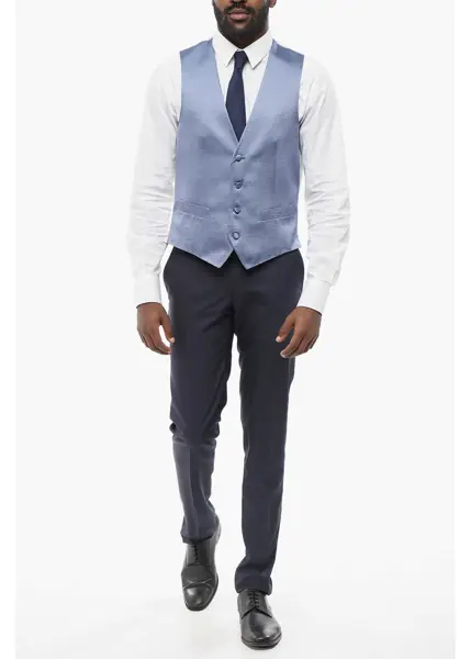 Veste costum CORNELIANI 4 Buttons Silk Embroidered Vest With Jetted Pockets Light Blue Barbati (BM 18229285) 4