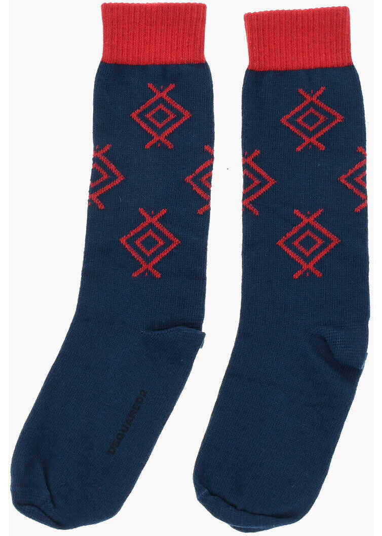 Sosete DSQUARED2 Cotton Long Socks With Contrasting Details Blue Barbati (BM 18229477) 3